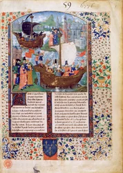 BNM。 Fr 103 f.1トリスタンとイゾルデがアイルランドを去る。トリスタンはポーションを飲みます。トリスタンとイゾルデの遺体はアイルランドに持ち帰られ、ルース・デ・ガストによって翻訳されました